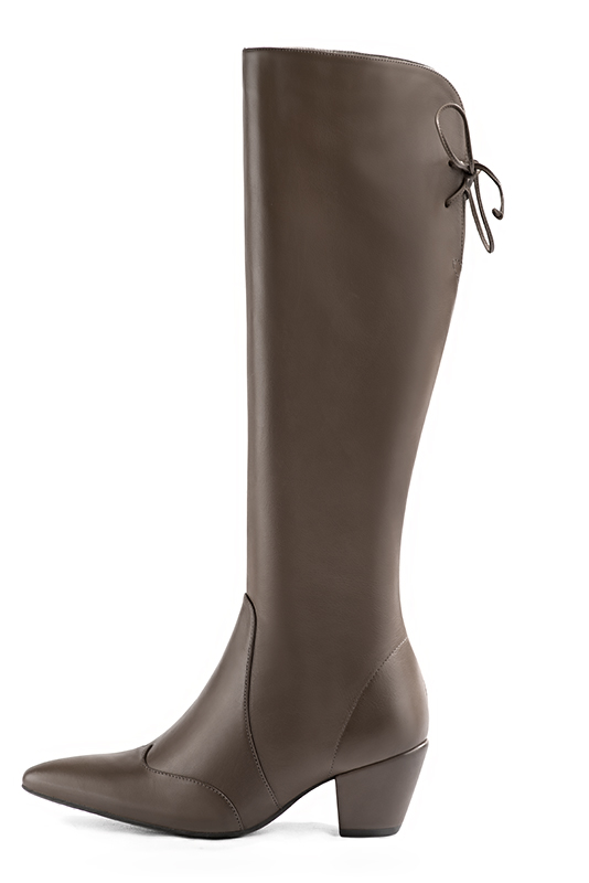 Taupe brown women's knee-high boots, with laces at the back. Tapered toe. Medium cone heels. Made to measure. Profile view - Florence KOOIJMAN